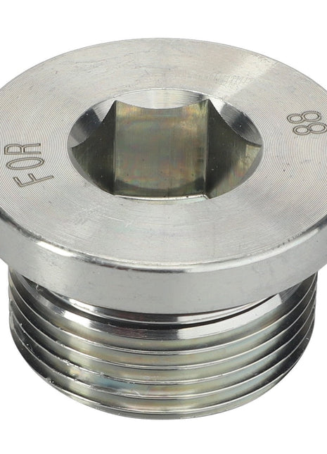 Close-up of a metallic threaded AGCO Port Plug - Acw2095930 with a hexagonal socket at the center. The plug features the word "FOR" and the number "88" etched onto its surface. No current product description information is available for this AGCO product.