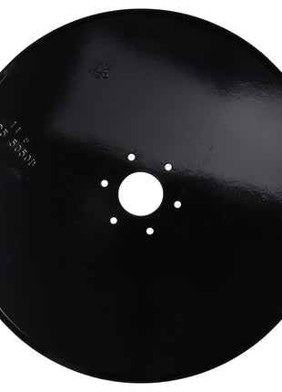 A black, circular metal disc with five small holes surrounding a larger central hole; product description currently unavailable. This item is the AGCO | White Planter Opener, 13.5" - 30-1005553 by AGCO.