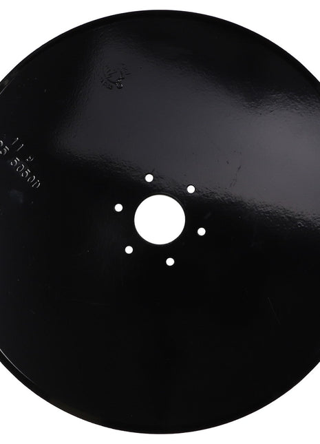 A black, circular metal disc with five small holes surrounding a larger central hole; product description currently unavailable. This item is the AGCO | White Planter Opener, 13.5" - 30-1005553 by AGCO.