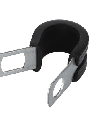 The AGCO | PIPE SUPPORT - V30644900 is a metal P-clamp with rubber insulation, designed with two flattened, open-ended arms for securing cables or tubing.