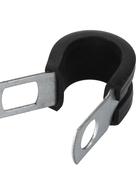 The AGCO | PIPE SUPPORT - V30644900 is a metal P-clamp with rubber insulation, designed with two flattened, open-ended arms for securing cables or tubing.