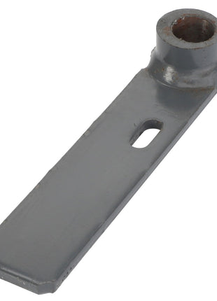 The AGCO | ARM - D28787038 by AGCO is a gray, flat metal bracket that features a cylindrical hole at one end and has a small slot in the middle. Currently, no additional product description information is available.