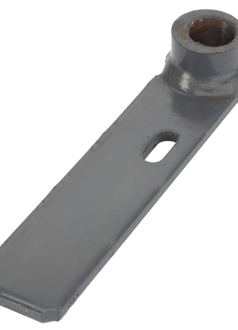 The AGCO | ARM - D28787038 by AGCO is a gray, flat metal bracket that features a cylindrical hole at one end and has a small slot in the middle. Currently, no additional product description information is available.