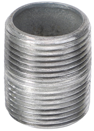 A close-up view of the AGCO CLOSE NIPPLE - AG552550, a metal pipe coupling with threaded ends, ideal for connecting and extending pipes in plumbing or other mechanical systems. This product is manufactured by AGCO.