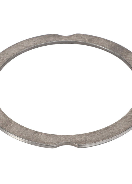 The AGCO | Compensating Ring - F007200210280 by AGCO is a circular metallic ring featuring three precision-cut, evenly spaced notches along the inner edge for a perfect fit.