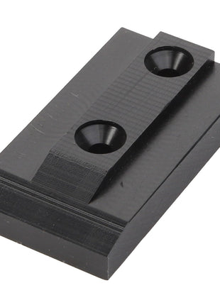 The AGCO | SLIDE - D28785754 by AGCO is a sleek black rectangular metal mounting plate with two countersunk holes for screws, designed for secure and seamless installation.