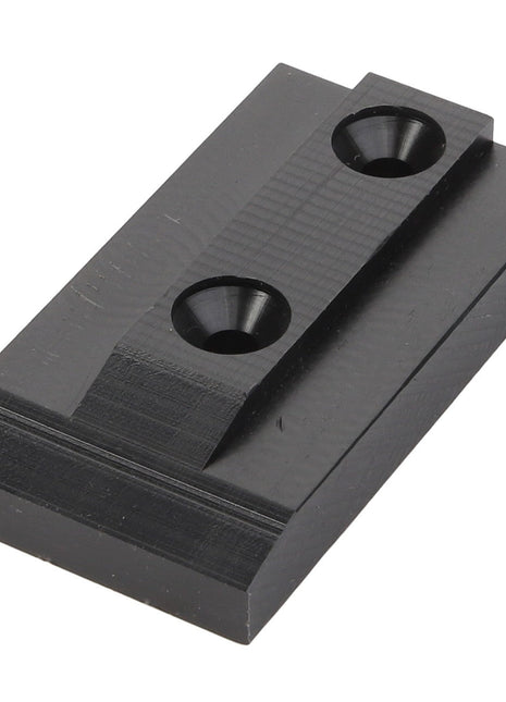 The AGCO | SLIDE - D28785754 by AGCO is a sleek black rectangular metal mounting plate with two countersunk holes for screws, designed for secure and seamless installation.