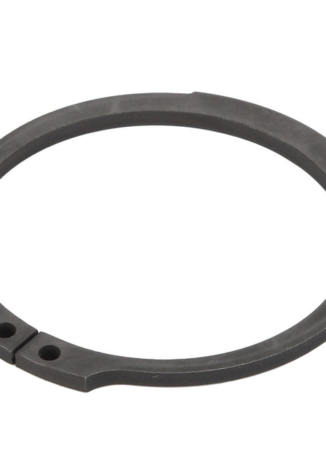 The AGCO | CIRCLIP - D42509200 is a black metal circlip featuring two small holes along its inner edge, designed for pliers to adjust or secure it in place.