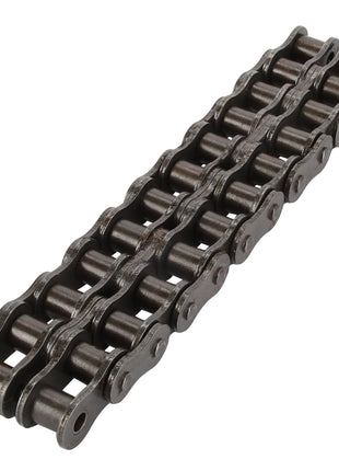 A close-up view of the AGCO Chain - Acp0280130, a double-strand industrial roller chain made of durable metal.