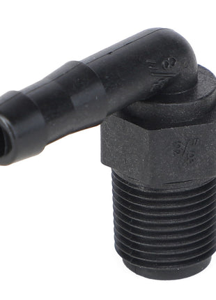 The AGCO Elbow Fitting - Ag051137, a black plastic male elbow pipe fitting with threaded ends and angled at approximately 90 degrees, is a versatile component for various plumbing applications.