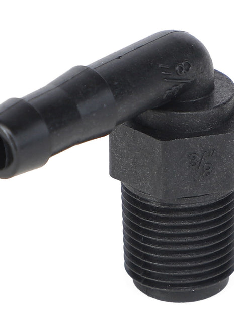 The AGCO Elbow Fitting - Ag051137, a black plastic male elbow pipe fitting with threaded ends and angled at approximately 90 degrees, is a versatile component for various plumbing applications.