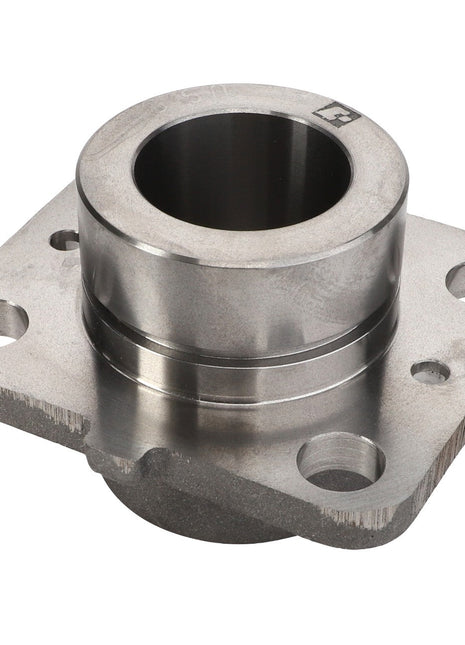 The AGCO | BEARING CARRIER - D44128300 is a metal machined component featuring a central cylindrical hole and four surrounding mounting holes on a square base. No additional product description information is currently available.