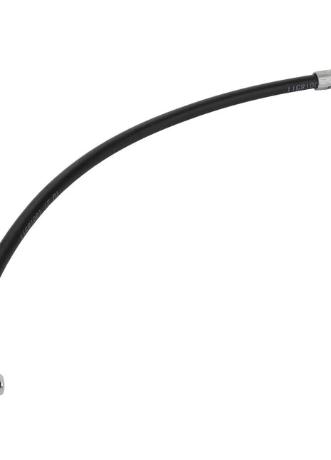 Introducing the AGCO | Hose - Acw0934360 by AGCO, a flexible black hydraulic hose featuring metal connectors on both ends—one bent at a right angle and the other straight.