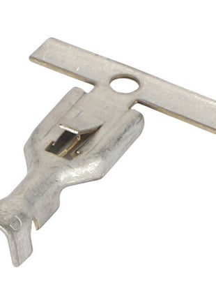 The AGCO | SOCKET TERMINAL - AG515935 is a metal T-shaped electrical connector, featuring a hole in the horizontal bar and open ends at the bottom.