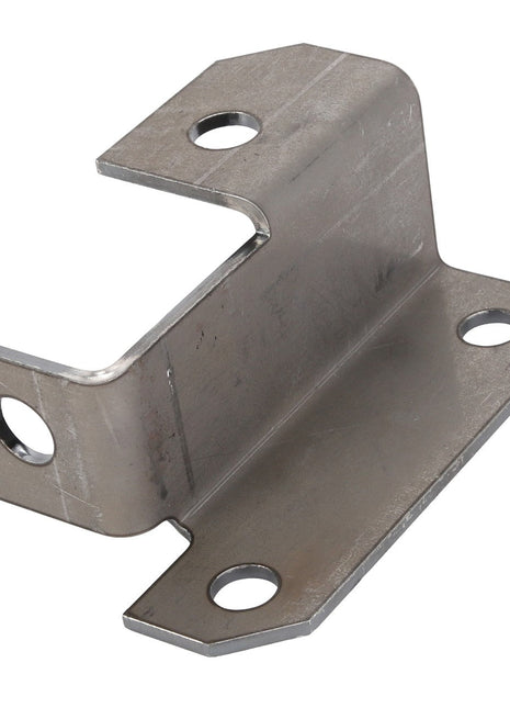 The AGCO | BRACKET - D28981262 is a metallic L-shaped bracket produced by AGCO, designed with four circular holes for mounting or support in construction or engineering applications. Currently, there is no detailed product description available for this item.