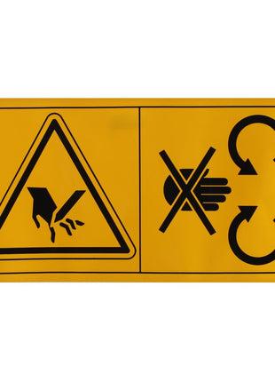 AGCO | DECAL - D49100172: Yellow caution sign with graphics depicting a hand being caught in rotating machinery and an icon indicating to keep hands away from moving parts.