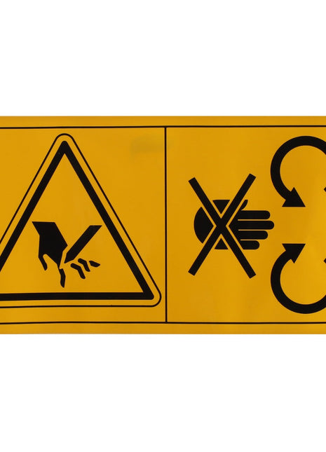 AGCO | DECAL - D49100172: Yellow caution sign with graphics depicting a hand being caught in rotating machinery and an icon indicating to keep hands away from moving parts.
