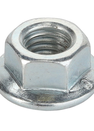 Close-up image of the AGCO Locknut - Va022085, a hexagonal flanged nut with a threaded hole and a flat, round base. No current product description available for this product.