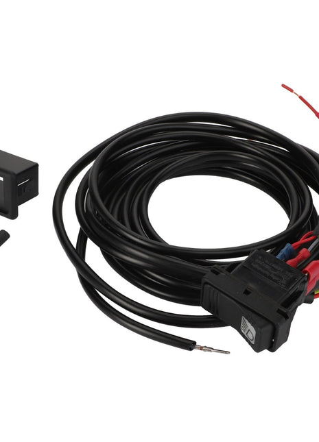 No current product description available for the AGCO Harness - Acp0293650, which consists of a coiled black wire with exposed ends next to a rectangular black plastic frame and connector components.