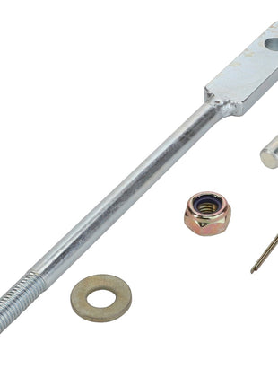 A metal rod with a threaded end and a hole at the other end, accompanied by a washer, hex nut, pin, and small cylindrical component is available as AGCO | BOLT - D28450620 from the brand AGCO; however, there is no current product description information available.