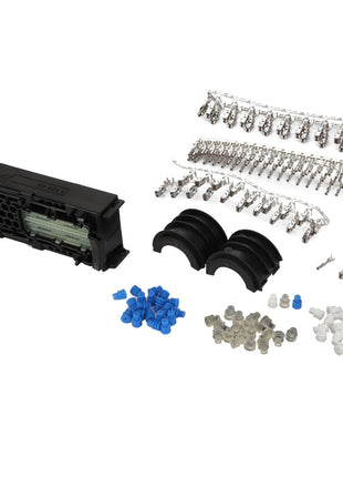 A set of electrical connectors and components arranged on a white surface includes a rectangular connector housing, various metal terminals, blue and white caps, and black plastic parts from the AGCO Disconnection Point Kit - F339900950020.