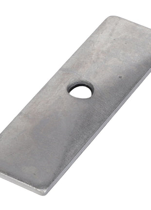 There is no available product description information for the AGCO TWIN COVER PLATE - AG608776, a rectangular metal plate with a single hole in the center, viewed from an angle.