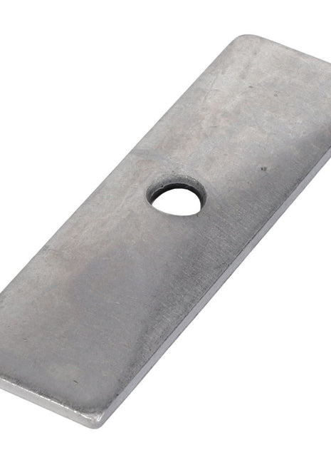 There is no available product description information for the AGCO TWIN COVER PLATE - AG608776, a rectangular metal plate with a single hole in the center, viewed from an angle.