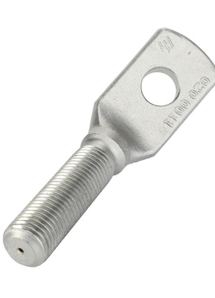 While there is no current product description available, picture the AGCO Tie Rod - Acp0365910: a metallic bolt with a threaded shaft and a rectangular head featuring a single hole, ideal for securing or connecting various components.