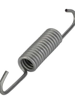 Close-up image of the AGCO Pulling Spring - F382103150040, a tightly-coiled metal spring with hooks on both ends, commonly used in various mechanical and industrial applications.