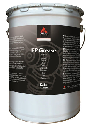 A large white container labeled with the AGCO Parts logo, containing AGCO EP2 Grease (3933076M2) and weighing 12.5 kg. The black label features product information in multiple languages, emphasizing its suitability for anti-friction bearings under high shock load conditions.