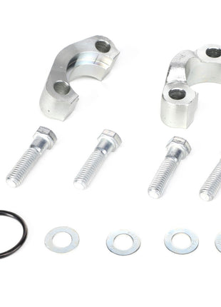 AGCO flange AG519386 with accompanying metal brackets, bolts, washers, and an O-ring arranged on a white background. Product description information currently unavailable.