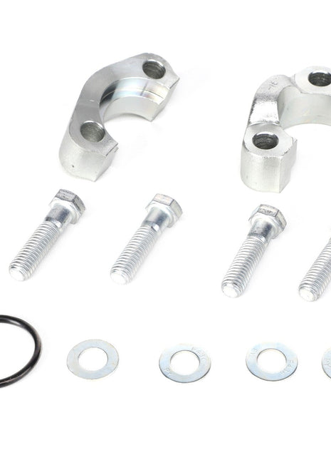 AGCO flange AG519386 with accompanying metal brackets, bolts, washers, and an O-ring arranged on a white background. Product description information currently unavailable.