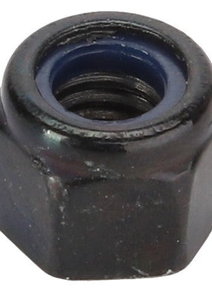 A close-up photo of an AGCO Hex Top Lock Nut - Acx2988240, featuring a black hexagonal design with a blue nylon insert. No current product description information is available.