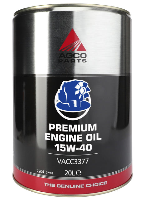 A metal canister labeled "AGCO | AGCO Parts Premium Engine Oil 15W-40 20L - Vacc3377" with a capacity of 20 liters. The phrase "The Genuine Choice" is printed at the bottom, emphasizing its advanced technology for heavy-duty diesel engines.