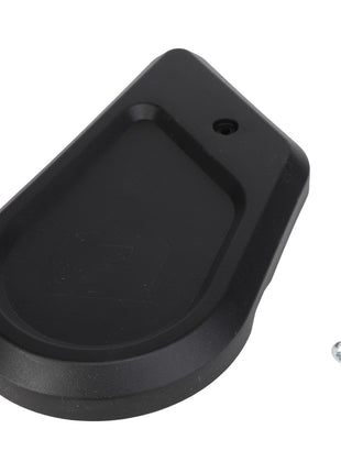 No Current Product Description Available: A black, teardrop-shaped wall mount bracket with a matching screw from AGCO (Side Cover For Cross Tube, Left Side - Acp0483780).