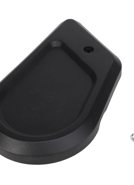 No Current Product Description Available: A black, teardrop-shaped wall mount bracket with a matching screw from AGCO (Side Cover For Cross Tube, Left Side - Acp0483780).
