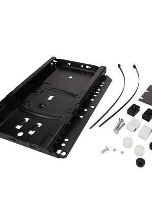 AGCO | SUSPENSION LOWER PART - F737812330350: A black mounting bracket with multiple holes, accompanied by screws, nylon spacers, nuts, and two zip ties on a white background. Currently, no further product description information is available.