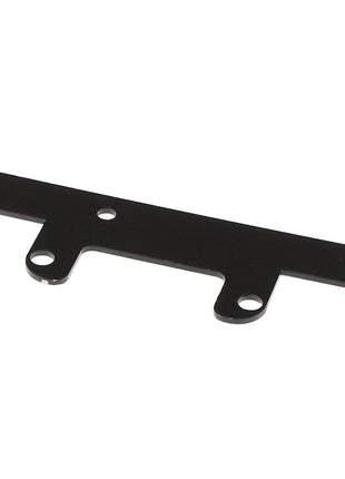 The AGCO Strap - 4281009M1 is a black metal bracket designed with three holes, ideal for seamlessly mounting or attaching various components.