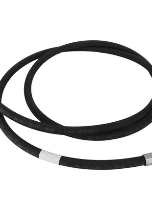 An AGCO HOSE - AL9032531, a black industrial hydraulic hose with metal fittings on both ends, expertly coiled in a circular shape.