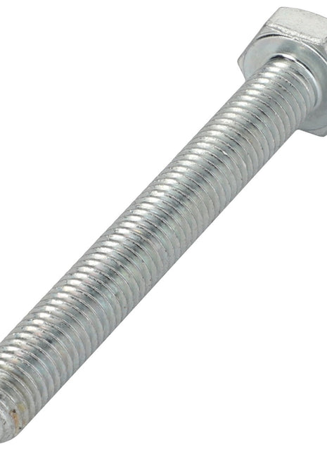 A close-up image of the AGCO | Hex Cap Screw - La15215221, showcasing its silver finish, detailed hex-head, full length, and intricate thread pattern. No current product description available.
