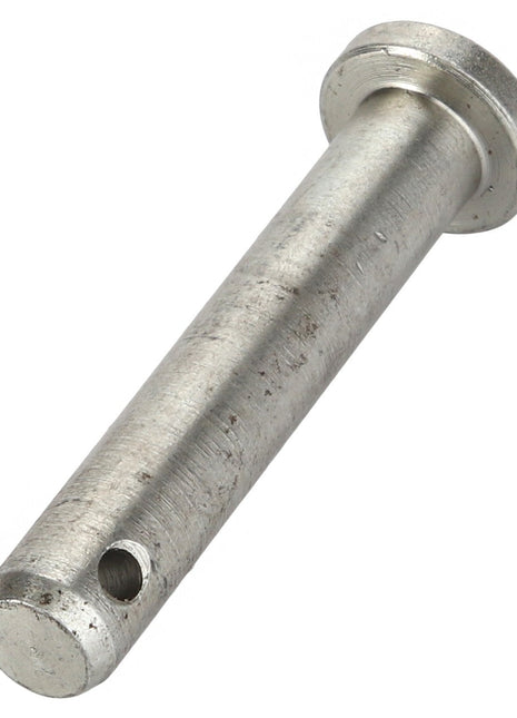 Here is the revised sentence:

The AGCO Clevis Pin - 3008345X1 by AGCO is a metal cylindrical pin featuring a flat round head and a hole near the opposite end. No current product description available.