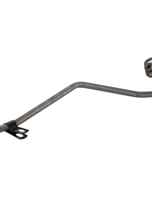 The AGCO Coolant Line - Acp0436940 features a sturdy, bent metal tube with a nut fitting on one end and a robust mounting bracket firmly attached in the middle.