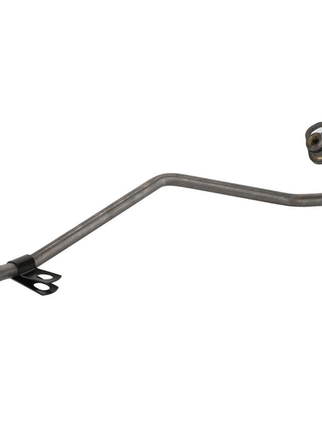 The AGCO Coolant Line - Acp0436940 features a sturdy, bent metal tube with a nut fitting on one end and a robust mounting bracket firmly attached in the middle.