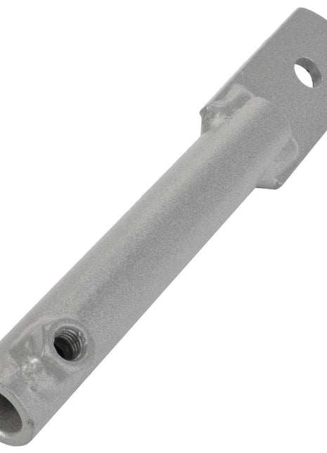 The AGCO | Arm - La300131733 is a metallic cylindrical rod that features two drilled holes: one at the wider end and a smaller threaded hole on the side, along with a flat end containing a larger hole.