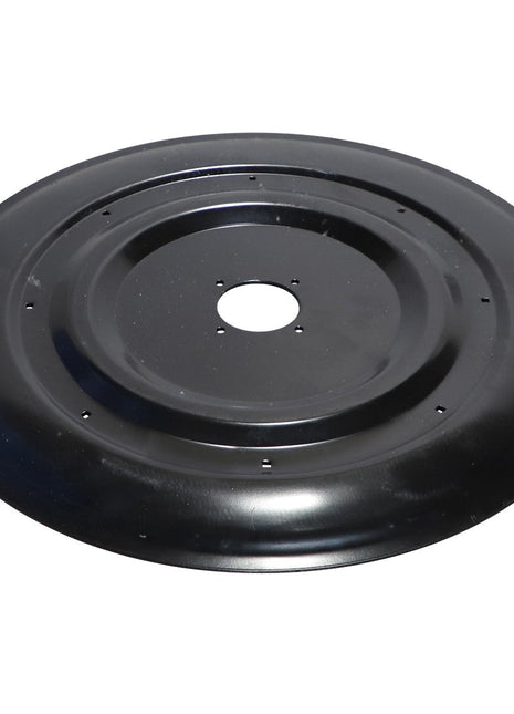 The AGCO Skid - Fel140982 is a large black metal disc featuring a small central hole and additional smaller holes evenly spaced around the edge.