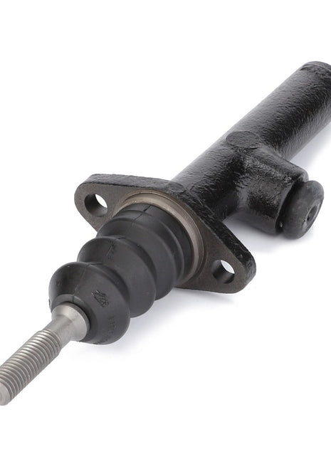 Close-up of the AGCO Brake Master Cylinder - D45908000, a black hydraulic clutch master cylinder with mounting points and a metal rod, essential for enhancing vehicle performance.