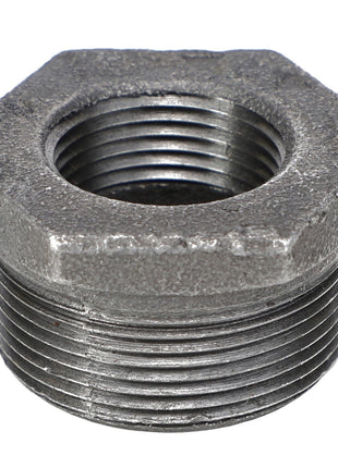 The AGCO BUSH - AG560856 is a hexagonal steel pipe reducer designed with threaded interior and exterior surfaces, ideal for connecting different pipe sizes.