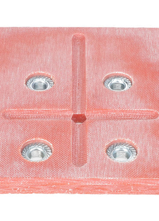 The AGCO | WEAR PAD - AG325340 is a red square metal plate featuring four embedded nuts in a rectangular arrangement, and intersecting grooves at the center.