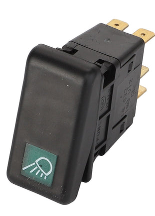 The AGCO Light Switch - Acw1669770 is a black rectangular rocker switch with brass prongs and features a headlight icon on the faceplate. No current product description information is available.