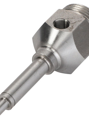 AGCO | AXLE - D28382048: Metal cylindrical component with a threaded hexagonal base and dual cylindrical protrusions by AGCO.